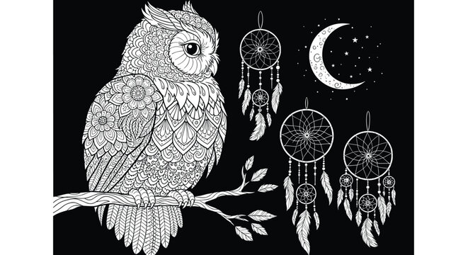 Detailed black and white illustration of an owl with dreamcatchers
