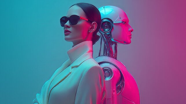 Human like humanoid robot and a person with sunglasses against a neon lit backdrop. Humanity and artificial intelligence collaboration, woman in a suit standing next to a humanoid robot.