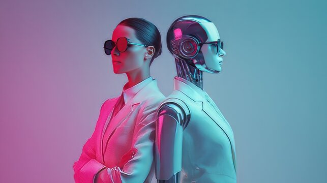 Human like humanoid robot and a person with sunglasses against a neon lit backdrop. Humanity and artificial intelligence collaboration, woman in a suit standing next to a humanoid robot.