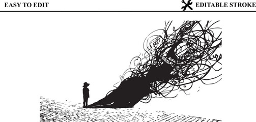 Small child stands on paved path looking at chaotic shadow representing inner turmoil and mental health struggle on transparent background easy to edit editable stroke. © Muhtasim