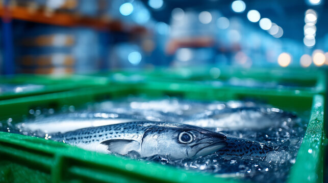 A wide close-up industrial composition of fresh fish on ice inside green bins, frost and condensation visible on packaging surfaces, cold storage room filled with uniform rows of c