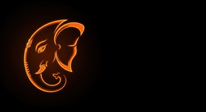 Stylized glowing orange outline of Lord Ganesha's head on a black background Hindu god elephant god