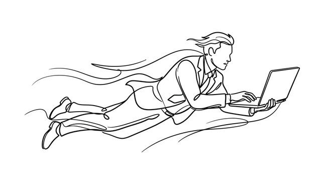 Continuous line drawing of a flying superhero businessman with a laptop.