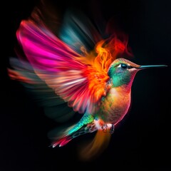 Fototapeta premium A vibrant hummingbird in mid-flight showcases a colorful dance of feathers. The image captures the beauty and grace of nature. Ideal for wildlife and nature enthusiasts. AI