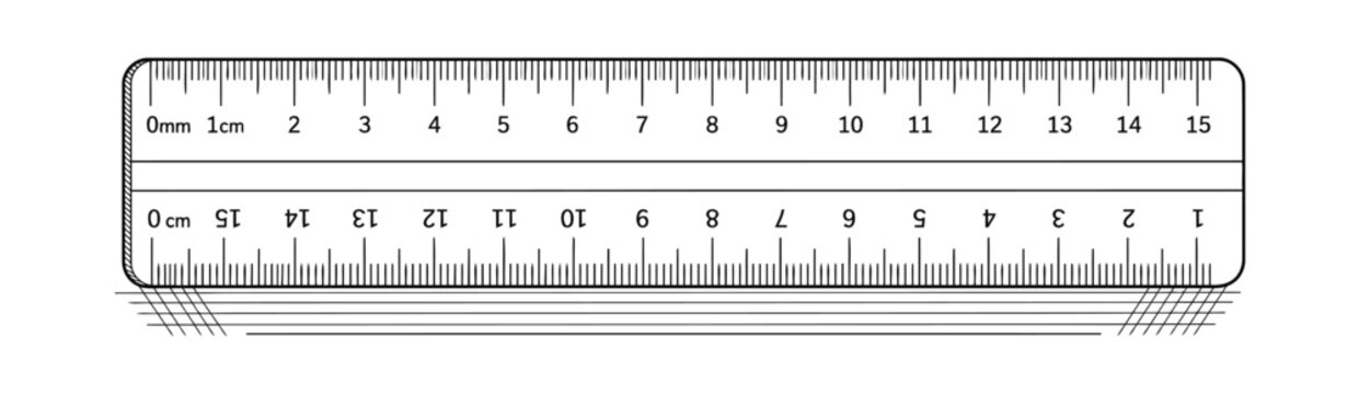 Vector graphic illustration of a transparent plastic ruler with precise centimeter and millimeter measurements for design projects.