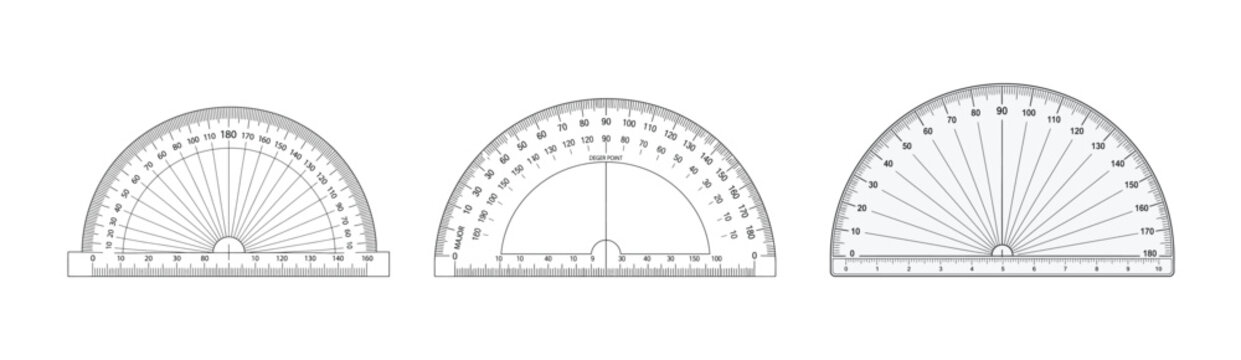 Three detailed vector illustrations of protractors with clear degree markings and rulers for educational purposes.