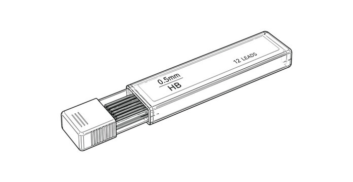 Detailed vector illustration of a plastic container holding twelve 0.5mm HB mechanical pencil leads