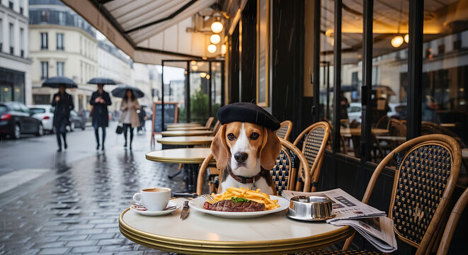 Beagle dog in beret at Paris cafe with steak and fries isolated on a transparent background