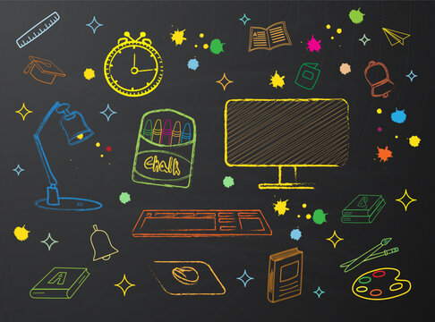 School supply educational chalk doodles with technology objects