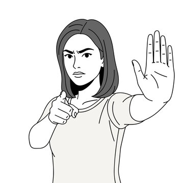 Woman showing stop gesture and pointing forward, assertive communication and boundary setting concept in minimal line art illustration isolated on white background