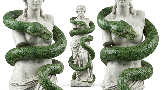 Classical marble statue wrapped with green snake, mythological concept, surreal art and ancient sculpture