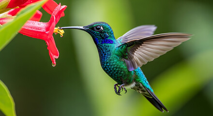 Fototapeta premium A hummingbird is feeding from a red flower in a lush green environment.