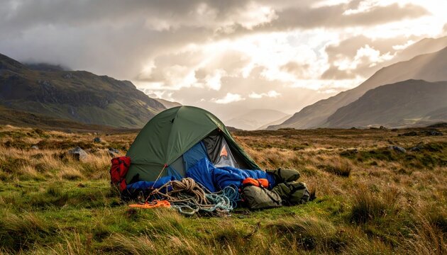 A green camping tent set up with emergency gear in the rugged Scottish Highlands at dusk, showing a remote basecamp for hikers and adventurers exploring the vast wilderness during their trip.