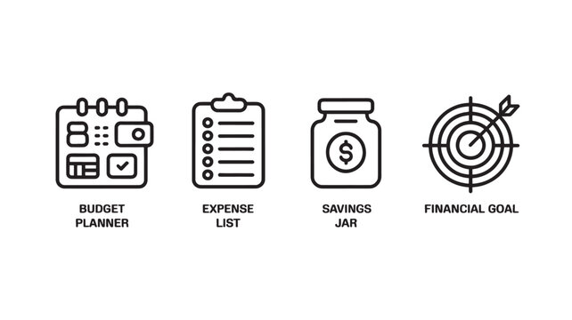 Financial Planning Icons Including Budget Planner, Expense List, Savings Jar, and Financial Goal for Business Concepts