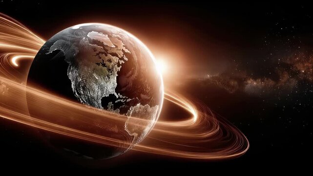 Earth globe suspended in space, experiencing a powerful beam of light from its core, symbolizing cosmic energy, balance, creation, new beginnings, and environmental change