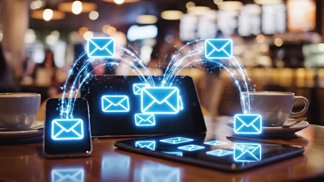 Email icons on tablet, phone, coffee in cafe setting