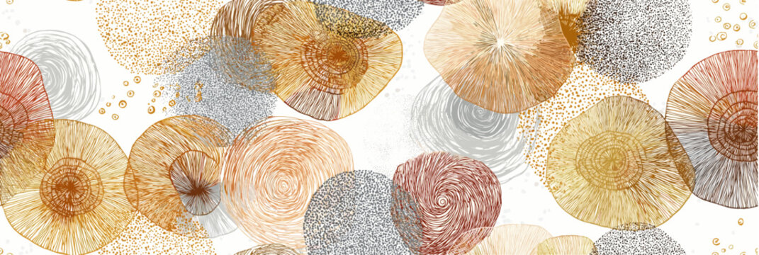 Seamless pattern of retro textured circles background. Abstract circles with hand-drawn line textures creating a modern organic seamless pattern