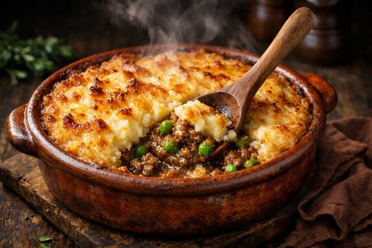 Steaming Shepherds Pie or Cottage Pie, Traditional British Cuisine Comfort Food, Rustic Baked Casserole with Minced Meat and Mashed Potato, Home Cooking Dinner Dish Served in a Gastropub Style Bowl