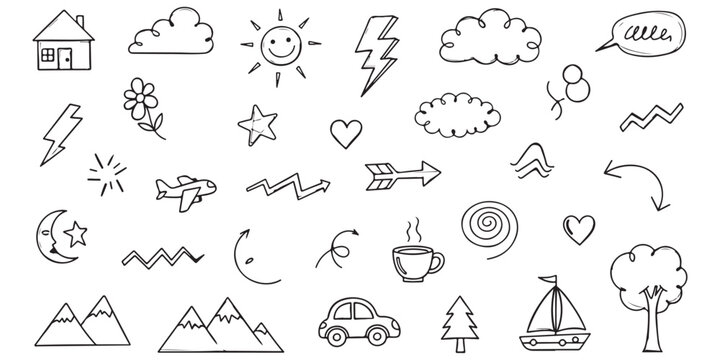 Set of hand drawn doodle icons including house sun clouds car and nature elements