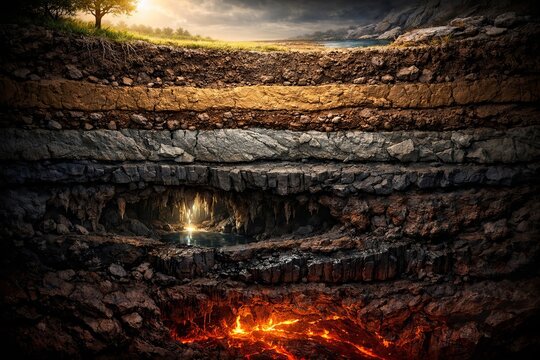 Geology Stratigraphy Earth Cross-Section Subsurface Sedimentary Strata Geological Crust Magma Lava Underground Cave Stalactite Limestone Layers Diagram Visualization Of The Planet Interior Structure