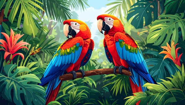 Two vibrant macaws in lush tropical foliage