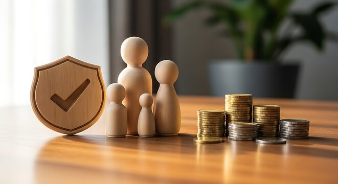 Wooden family figurines with shield and gold coins on wooden table
