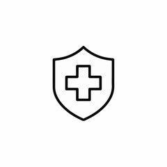 Fototapeta premium Medical shield icon with cross, black line art health insurance symbol, minimalist healthcare protection vector for medical apps and websites