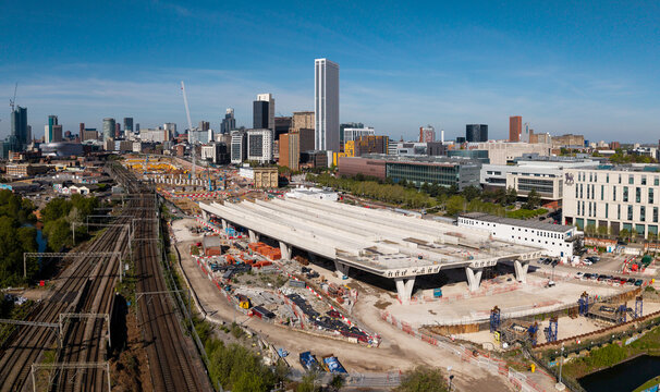 Aerial view of a Birmingham cityscape skyline and HS2 construction site on Curzon Street