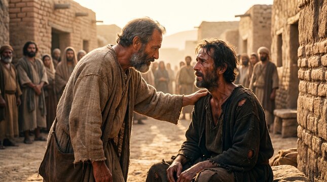 Biblical scene of Jesus Christ or a prophet showing compassion and comforting a man in a dusty ancient village street in Jerusalem