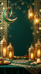 Obraz premium Eid Mubarak Mosque Courtyard with Golden Crescent Moon and Lanterns at Sunset Islamic Celebration