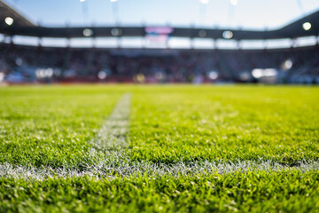 Close-up low-angle view of a white chalk boundary line on a vibrant green soccer pitch with a blurred stadium in the background. © Dziurek