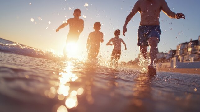 People running through water at sunset