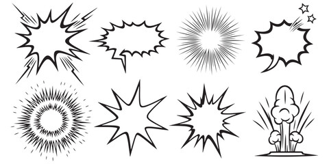 Set of hand drawn comic book sound effect bubbles and explosion shapes in black and white line art ©  creative  marlia