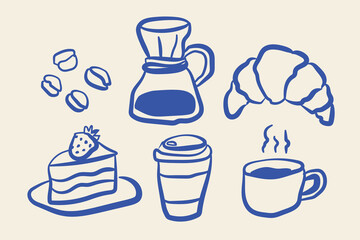 Coffee and bakery breakfast set doodle vector illustration