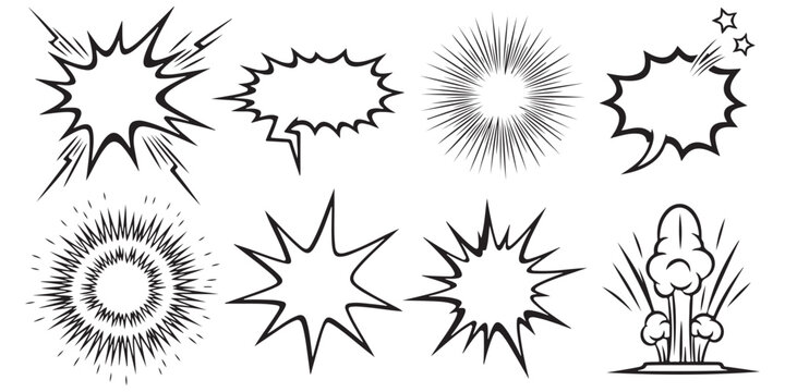 Set of hand drawn comic book sound effect bubbles and explosion shapes in black and white line art