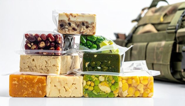 A stack of homemade survival rations and compact nutrient blocks wrapped in clear plastic, prepared for emergency food storage and disaster preparedness scenarios.
