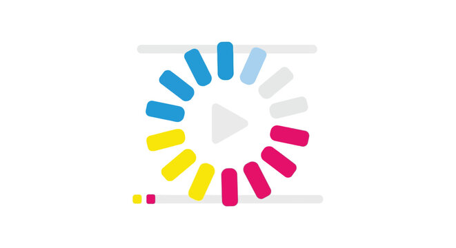 Animated circular loading indicator with play button inside symbolizing progress buffering anticipation and digital media playback set against a clean white background with subtle