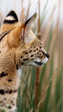 Wild serval cat spotted in tall grass at the animal reserve during the afternoon