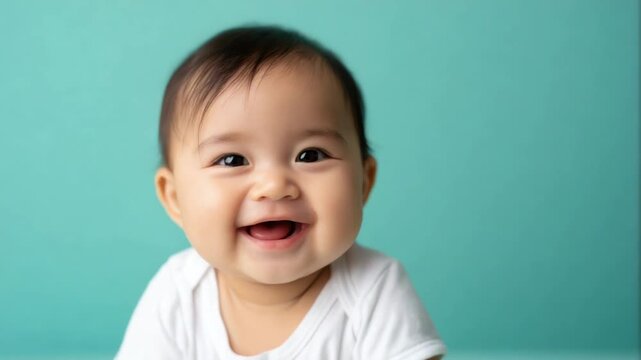 Smiling baby sits on blue background and enjoys playing with toys and exploring surroundings