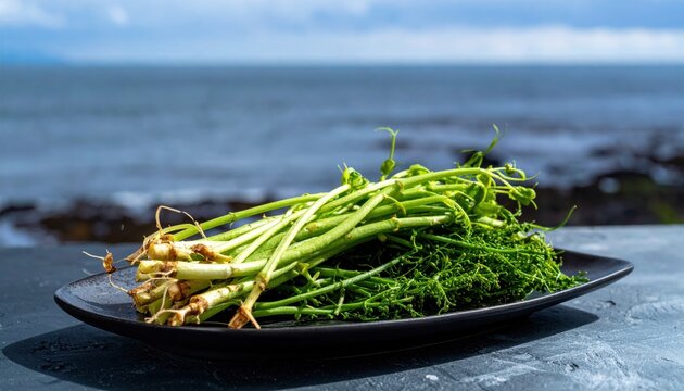 Fresh foraged sea beans and samphire arranged on a dark plate with the ocean in the background, showcasing wild coastal vegetables perfect for gourmet cooking and healthy seasonal dining.