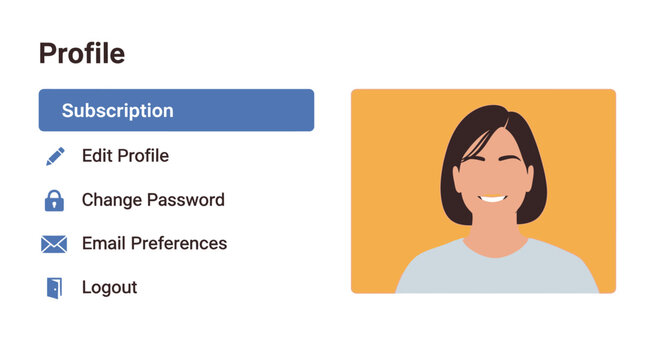User profile interface displaying account management options like subscription edit profile change password email preferences and logout next to a smiling woman's avatar