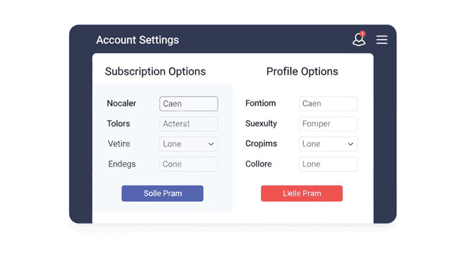 Digital interface displaying account settings with subscription and profile options featuring input fields and action buttons on a dark themed ui screen