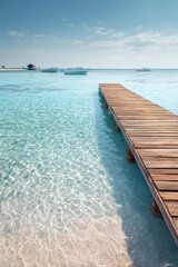 Fototapeta premium Tourists walk along a wooden pier that goes over clear ocean waters in the Maldives. Boats are present in the distance, with gentle waves lapping at the shore