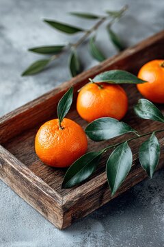 Three mandarin fruits with green leaves placed on a wooden tray in a kitchen. The light shines on the fruits, highlighting their color and texture