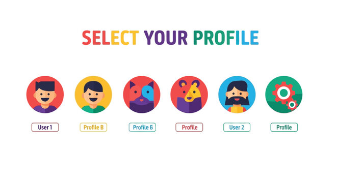 Diverse user profile selection screen with colorful cartoon avatars and icons representing various personalities and options for digital identity customization on a clean white