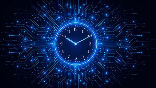 Digital clock face glowing on futuristic circuit board background, concept of time and technology.