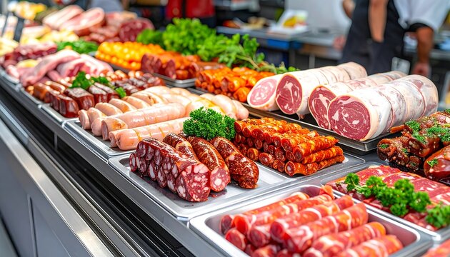 Various meats and sausages displayed in a deli case, arrayed with fresh herbs and vibrant colors, creating an appealing display