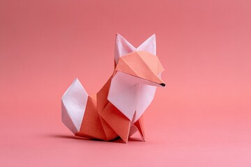 Obraz premium A fox made of colorful paper stands out on a coral background. The origami shows neat folds and a solid form, showcasing basic art techniques. This scene highlights the fun of crafting