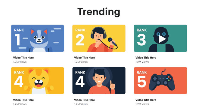 Digital interface showcasing trending video content with ranked thumbnails and stylized avatars presenting a modern platform for content creators and viewers to discover popular