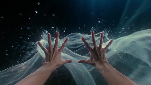 Hands reaching toward flowing translucent shapes in a surreal style on a dark background, concept of energy and transformation